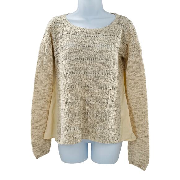 LUCKY BRAND Cream Open Weave Knit Front Blouse Back Long Sleeve Top S - Picture 2 of 11